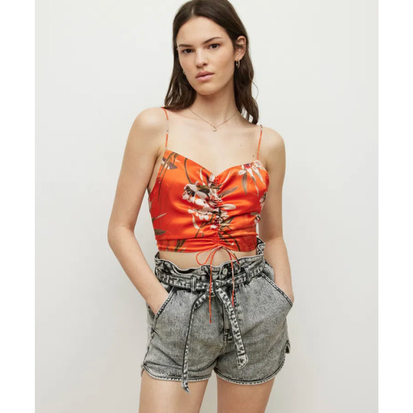 All Saints Top Womens 2 Orange Alexia Dorada Silk Blend Cami Flame Orange Floral - Picture 3 of 16